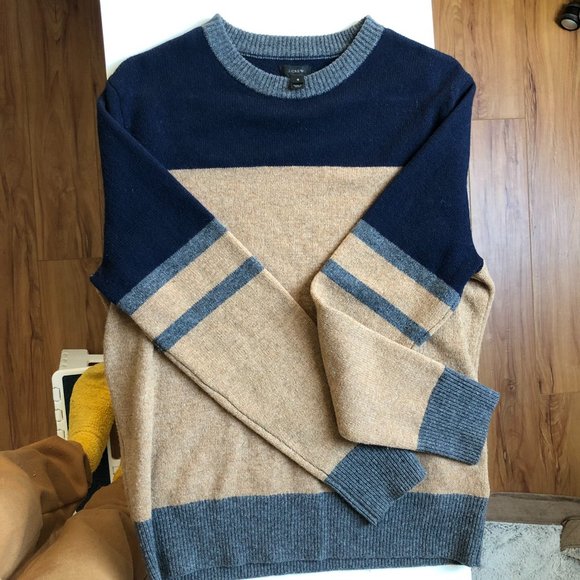 J.Crew Mens Blue Brown 100% Lambswool Crew Neck Pullover Sweater Size Medium - Picture 4 of 5